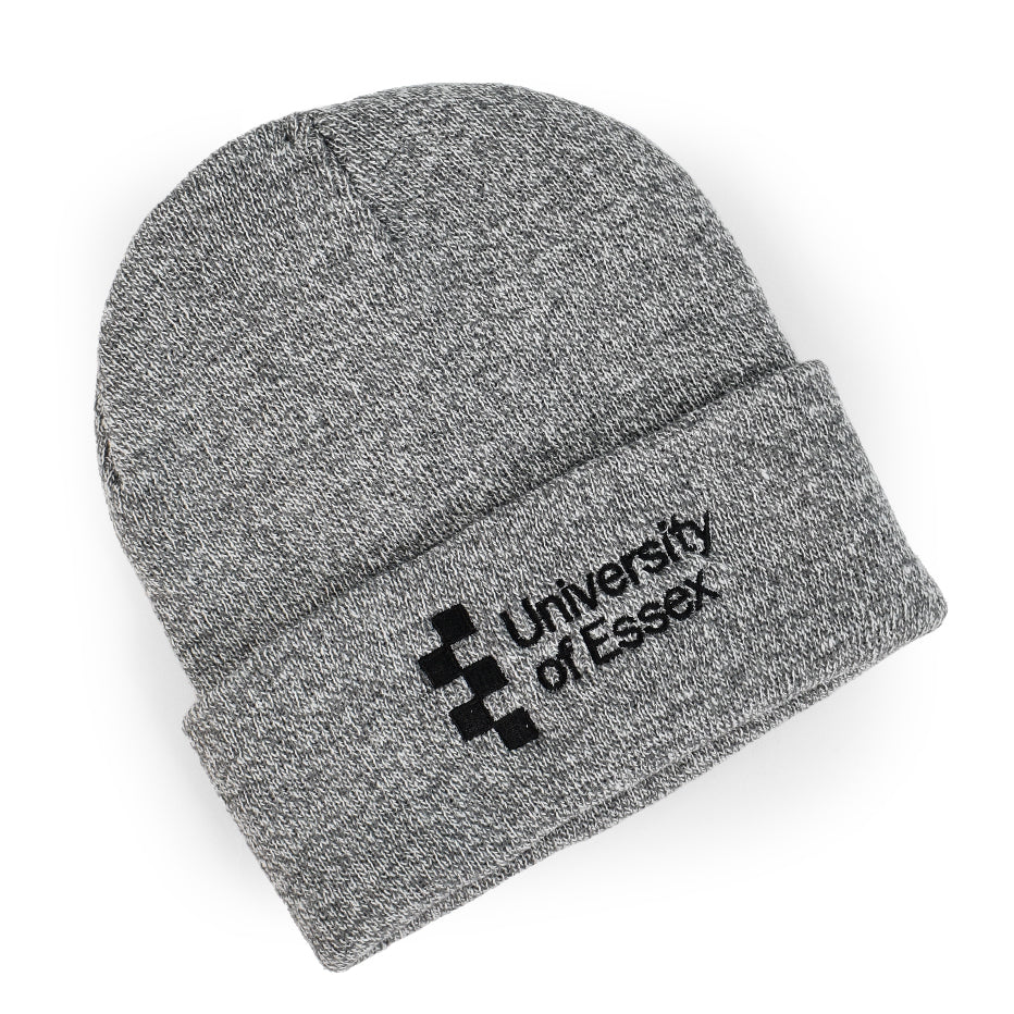 Heather Grey Beanie hat with "University of Essex" logo embroidered on the front