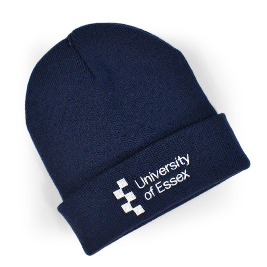 Oxford Navy Beanie hat with "University of Essex" logo embroidered on the front