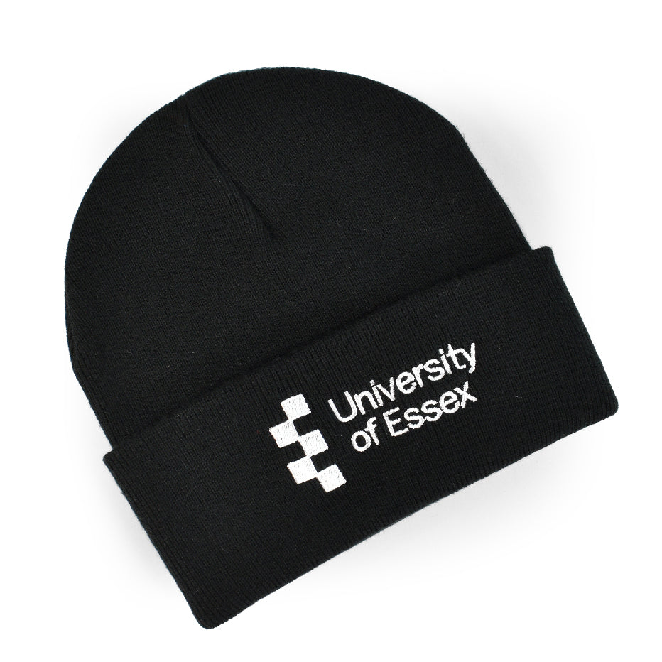 Black Beanie hat with "University of Essex" logo embroidered on the front