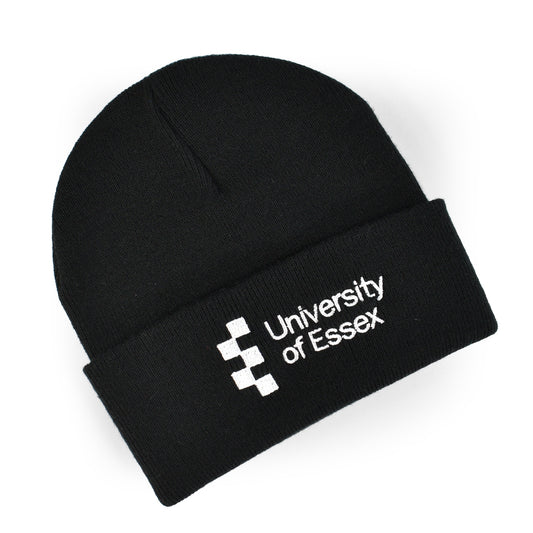 Black Beanie hat with "University of Essex" logo embroidered on the front