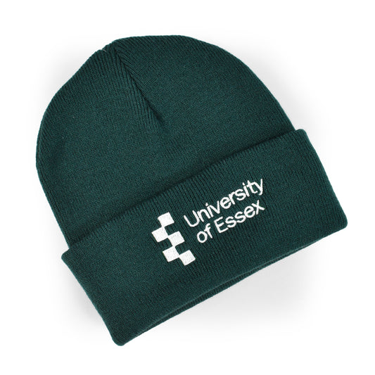 Bottle Green Beanie hat with "University of Essex" logo embroidered on the front