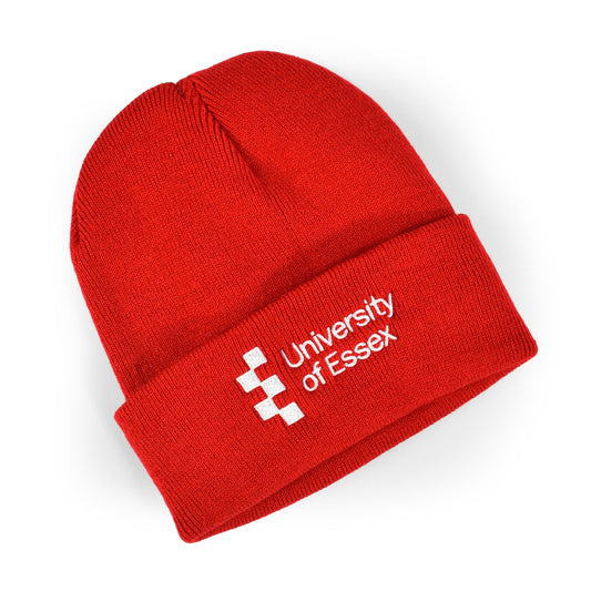 Red Beanie hat with "University of Essex" logo embroidered on the front