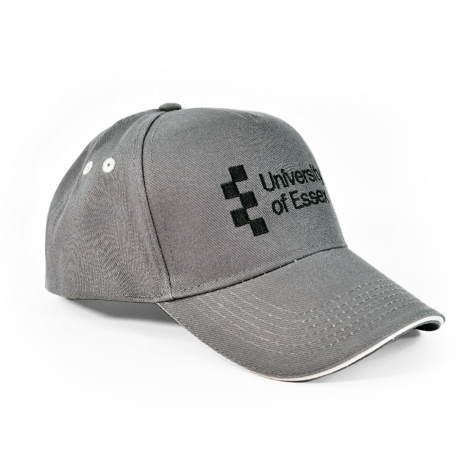 Graphite Grey baseball cap with "University of Essex" logo on the front, left-side-view