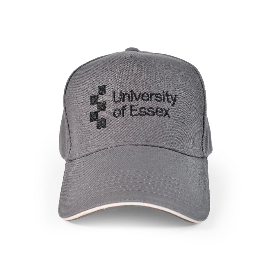 Graphic Grey baseball cap with "University of Essex" logo on the front, front-view