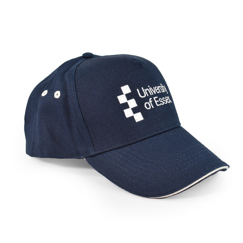 French Navy Blue baseball cap with "University of Essex" logo on the front, left-side-view