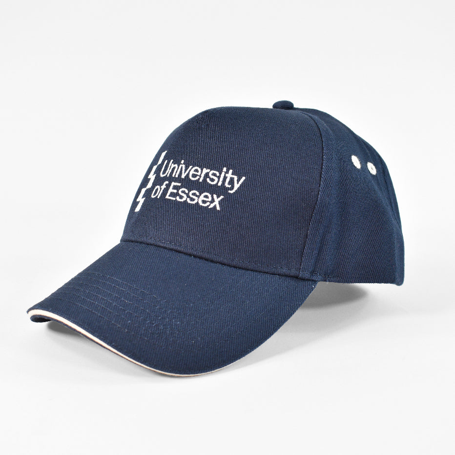 French Navy Blue baseball cap with "University of Essex" logo on the front, right-side-view