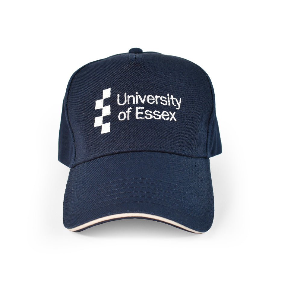 French Navy Blue baseball cap with "University of Essex" logo on the front, front-view