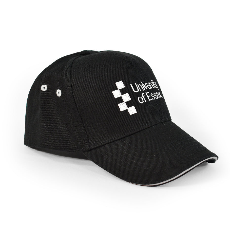 Black baseball cap with "University of Essex" logo on the front, left-side view