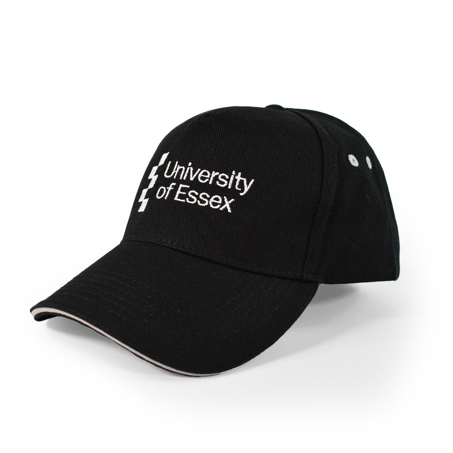 Black baseball cap with "University of Essex" logo, right side view