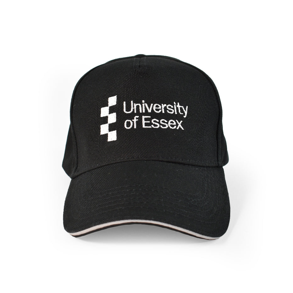 Black baseball cap with "University of Essex" logo on the front, front view