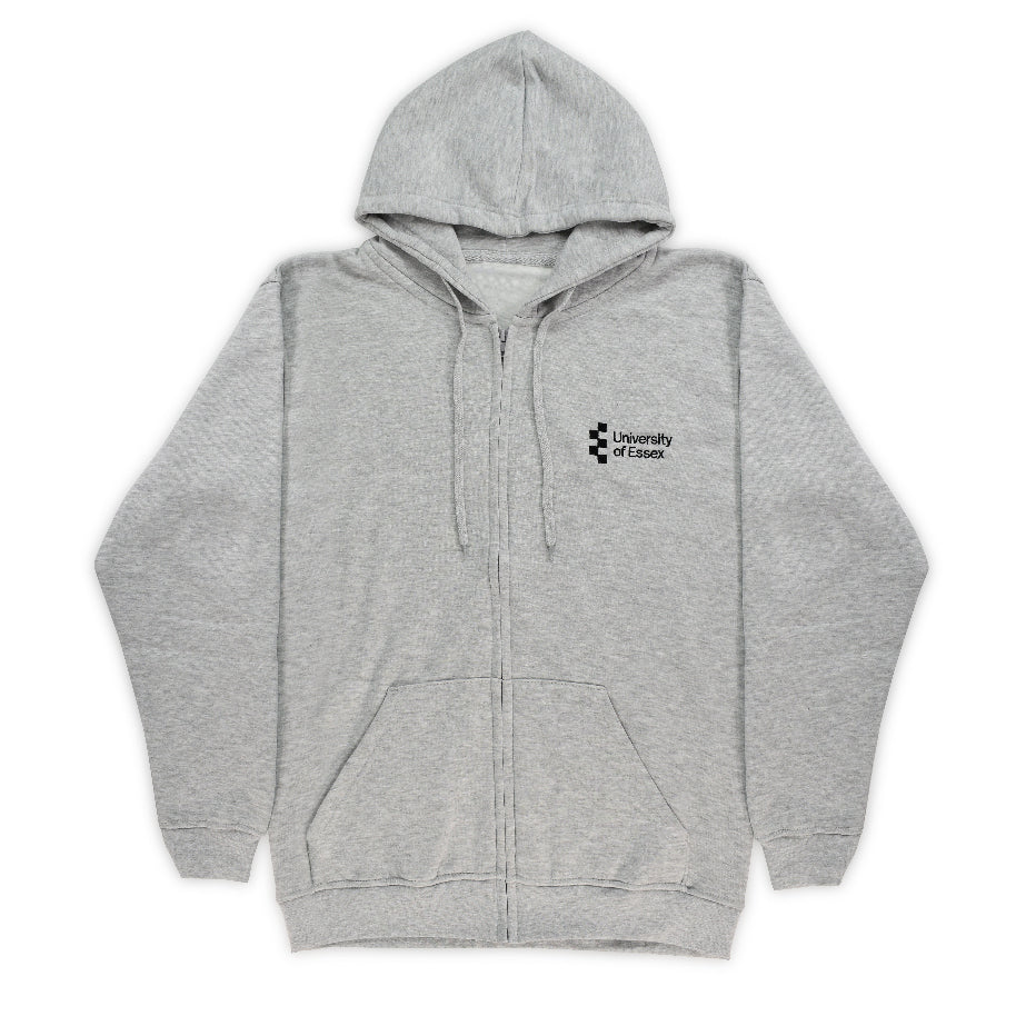 Heather Grey full zip hoodie with "University of Essex" in black embroidered on the left breast