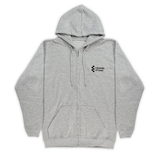 Heather Grey full zip hoodie with "University of Essex" in black embroidered on the left breast