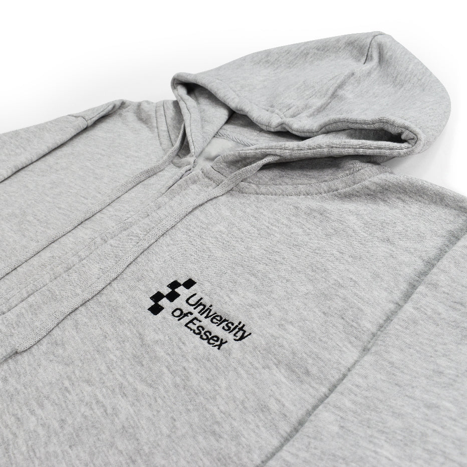 Heather Grey full zip hoodie with "University of Essex" in black embroidered on the left breast, close-up on logo