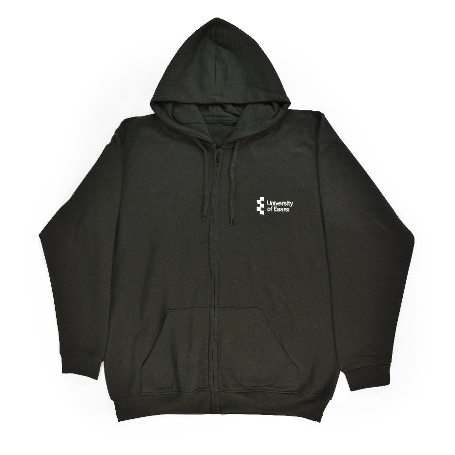 Black full-zip hoodie with "University of Essex" logo printed in white on the right breast