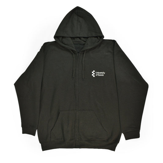 Black full-zip hoodie with "University of Essex" logo printed in white on the right breast