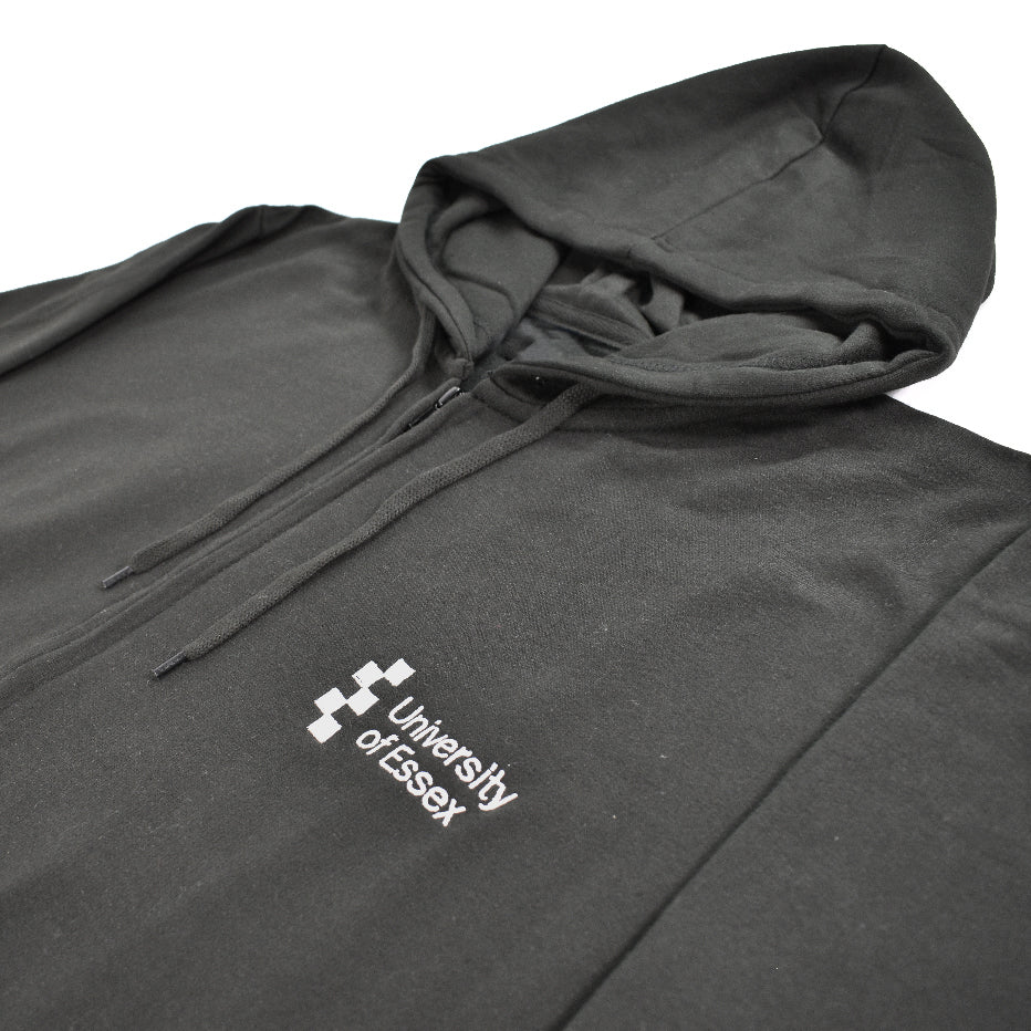 Black full-zip hoodie with "University of Essex" logo printed in white on the right breast, close-up on the logo from right hand view