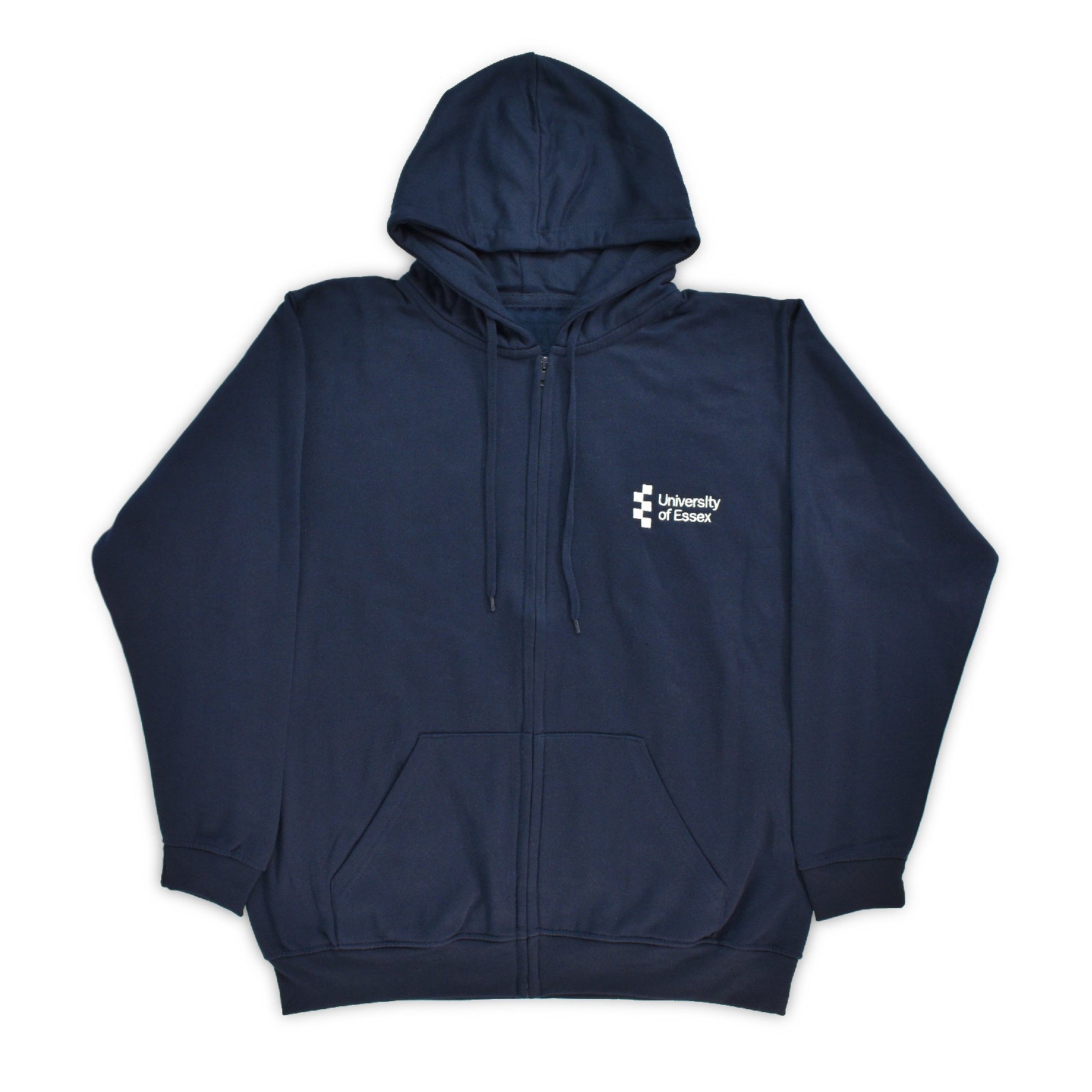 Navy Blue full zip hoodie with "University of Essex" in white embroidered on the left breast