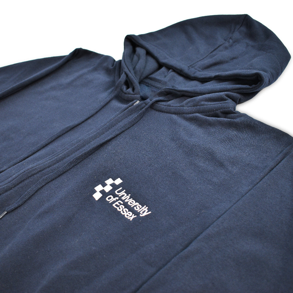 Navy Blue full zip hoodie with "University of Essex" in white embroidered on the left breast, close-up on logo