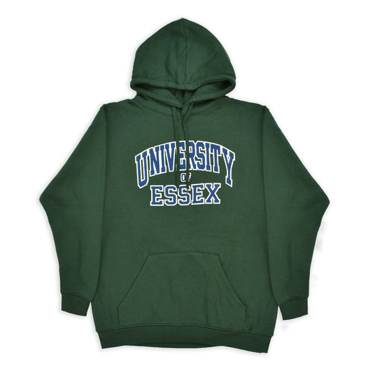 Bottle Green hoodie with "University of Essex" printed on the front in Varsity Style font