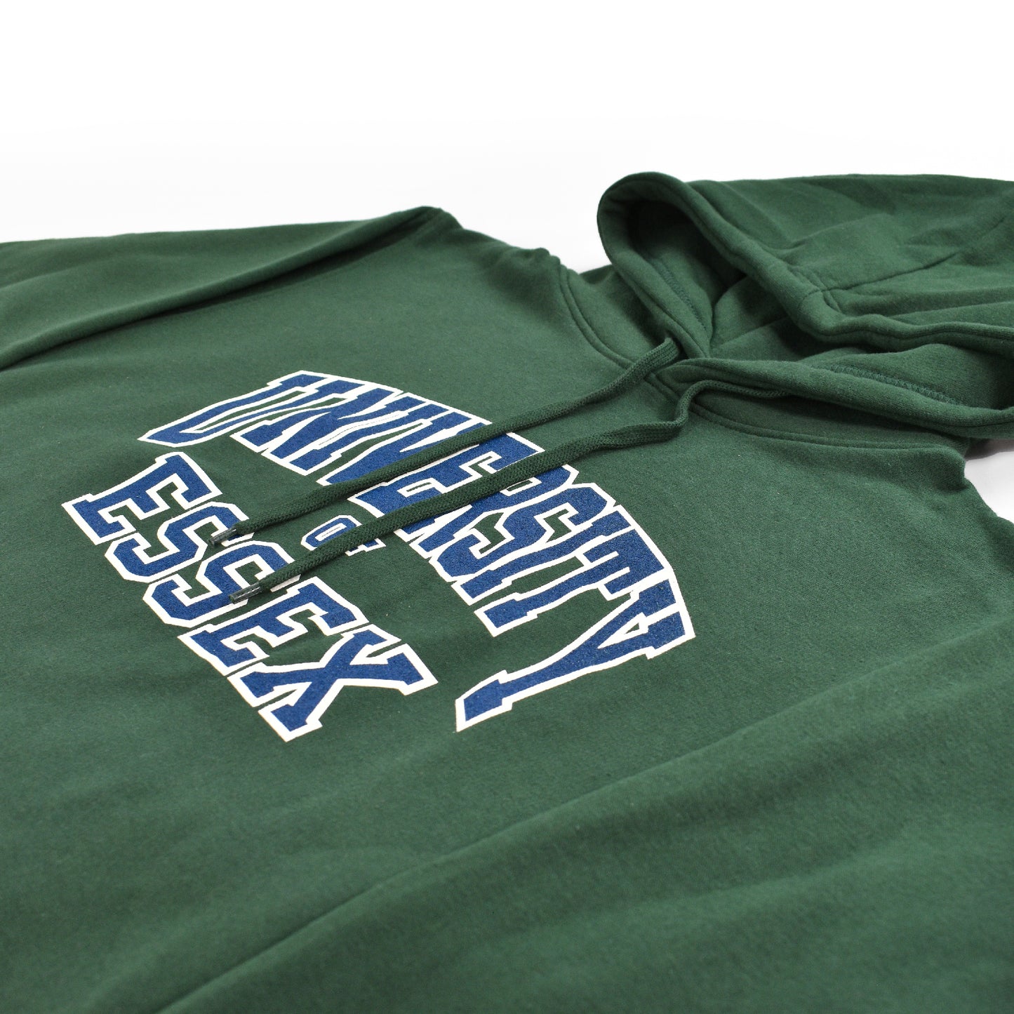 Bottle Green hoodie with "University of Essex" printed on the front in Varsity Style font, close-up on the design