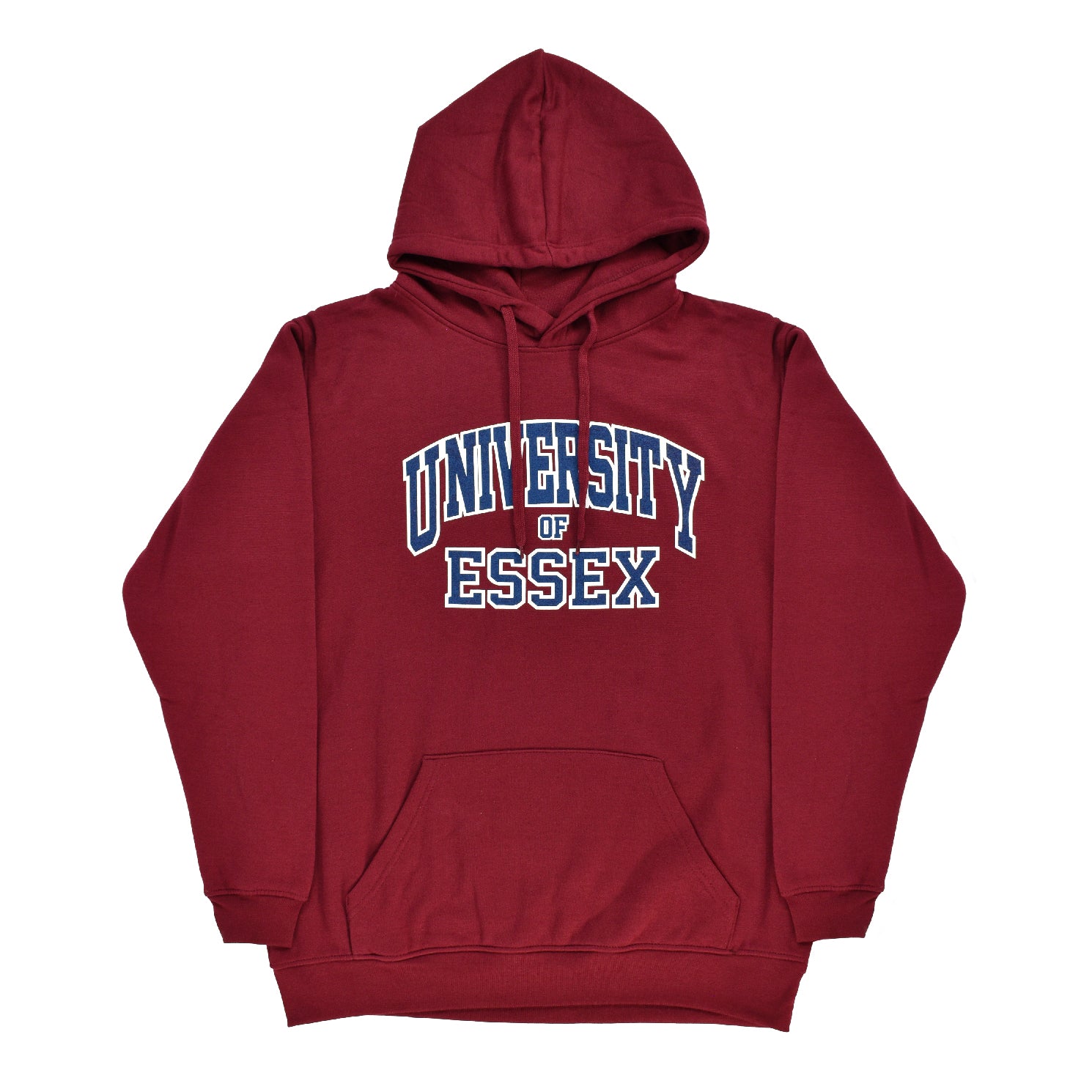 Burgundy hoodie with "University of Essex" printed on the front in Varsity Style font