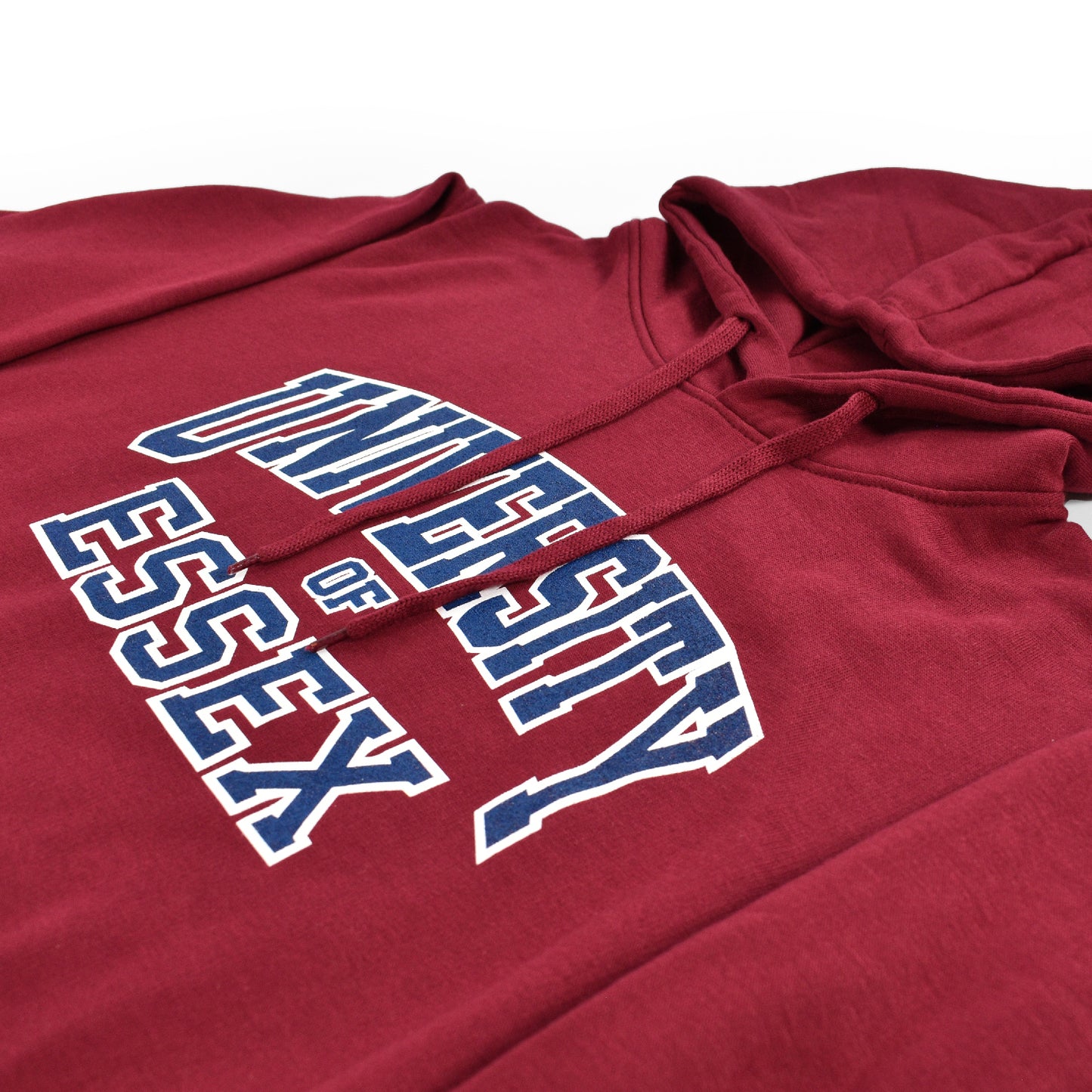 Burgundy hoodie with "University of Essex" printed on the front in Varsity Style font, close-up on design