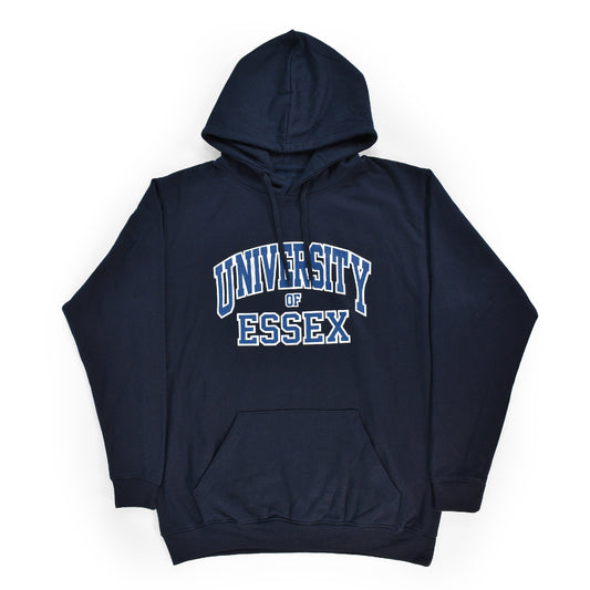 Navy Blue hoodie with "University of Essex" printed on the front in Varsity Style font