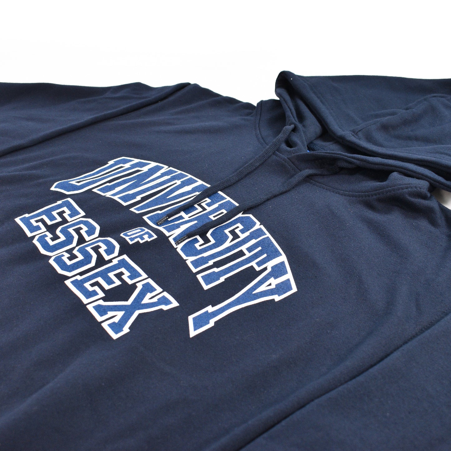 Navy Blue hoodie with "University of Essex" printed on the front in Varsity Style font, close-up on design