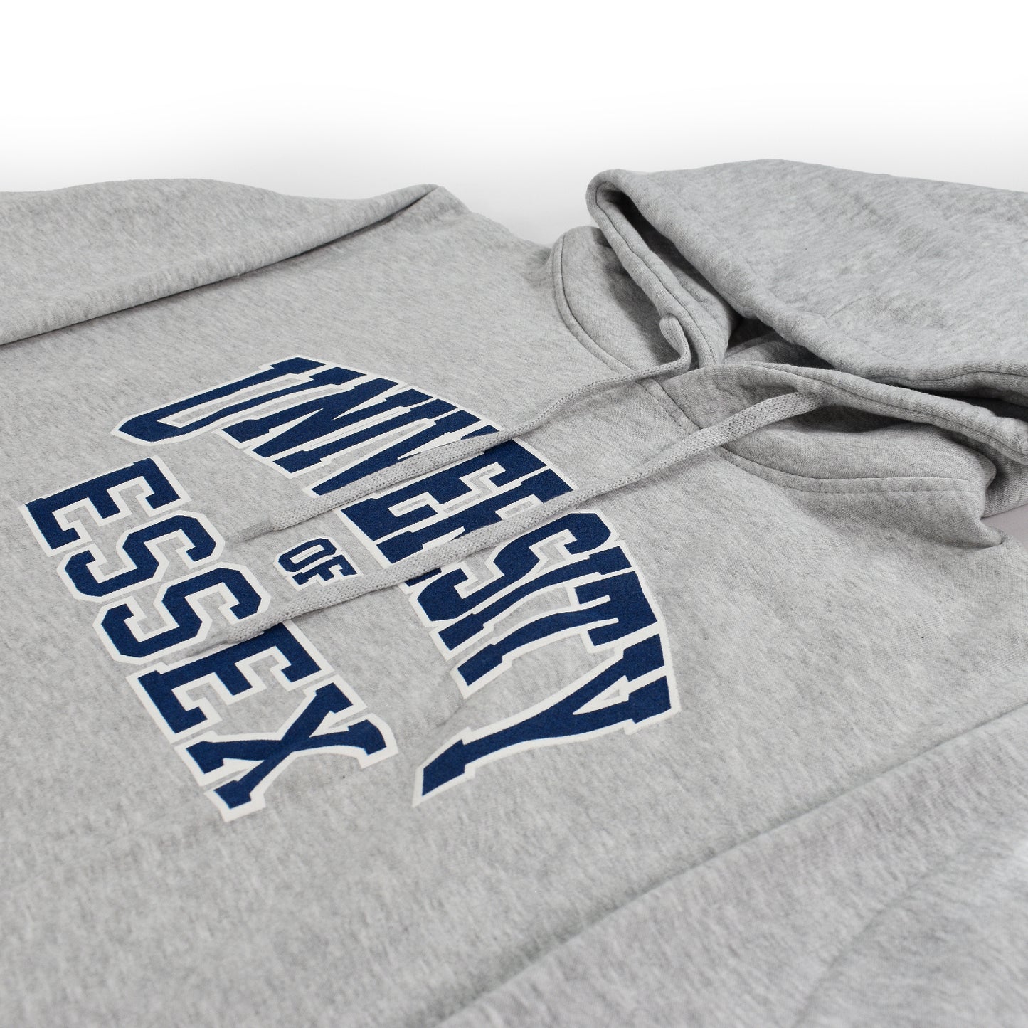 Burgundy hoodie with "University of Essex" printed on the front in Varsity Style font, close-up on design