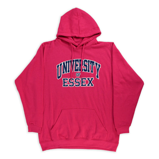 Hot Pink hoodie with "University of Essex" printed on the front in Varsity Style font