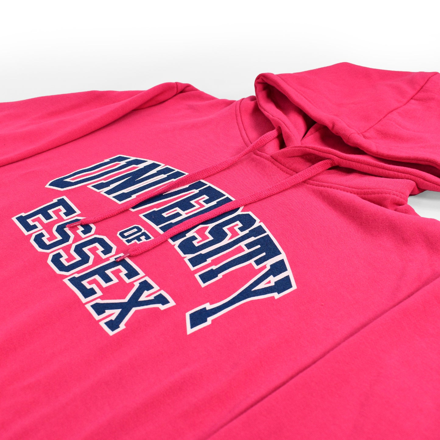 Hot Pink hoodie with "University of Essex" printed on the front in Varsity Style font, close-up on design