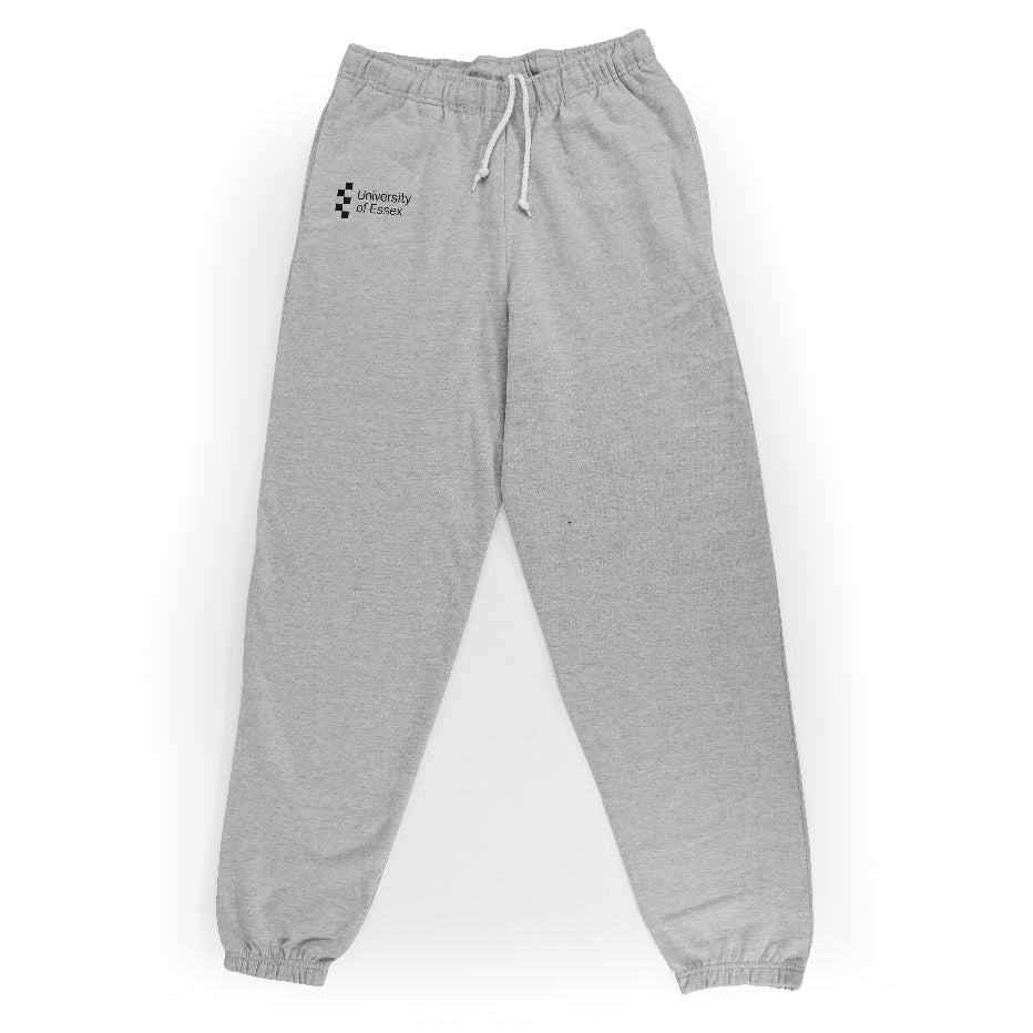 Heather Grey Joggers full length "University of Essex" embroidered on the right leg in black