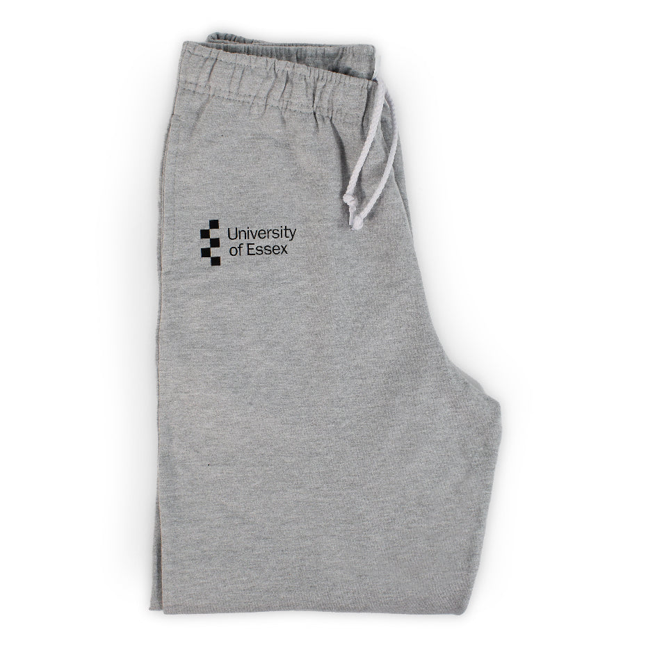 Heather Grey Joggers folded with "University of Essex" embroidered on the right leg in black