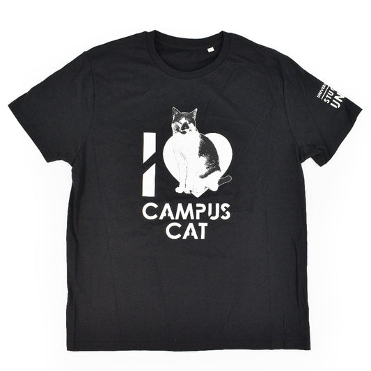 A black t-shirt with the words "I [love heart] Campus Cat" on the front and a picture of a black and white cat printed on it