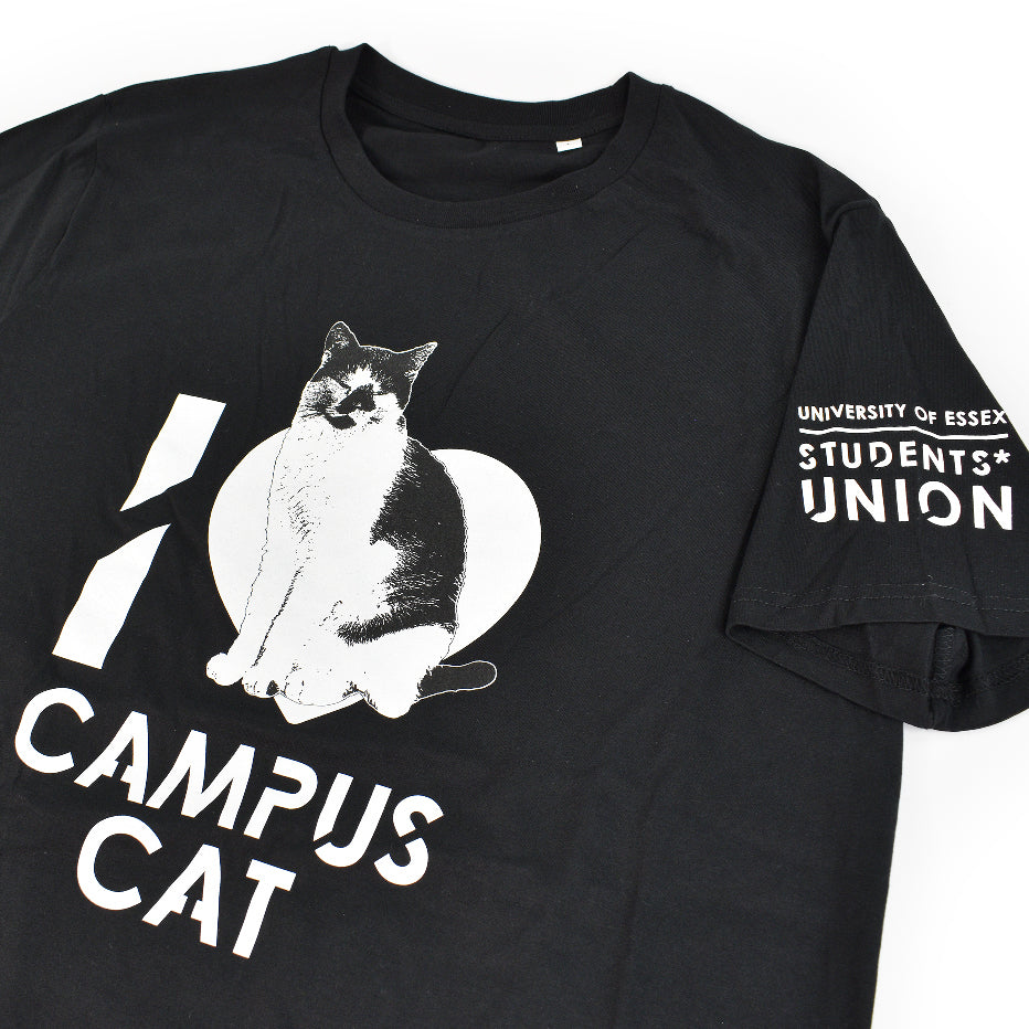 A black t-shirt with the words "I [love heart] Campus Cat" on the front and a picture of a black and white cat printed on it, and "University of Essex Students Union" printed on the sleeve