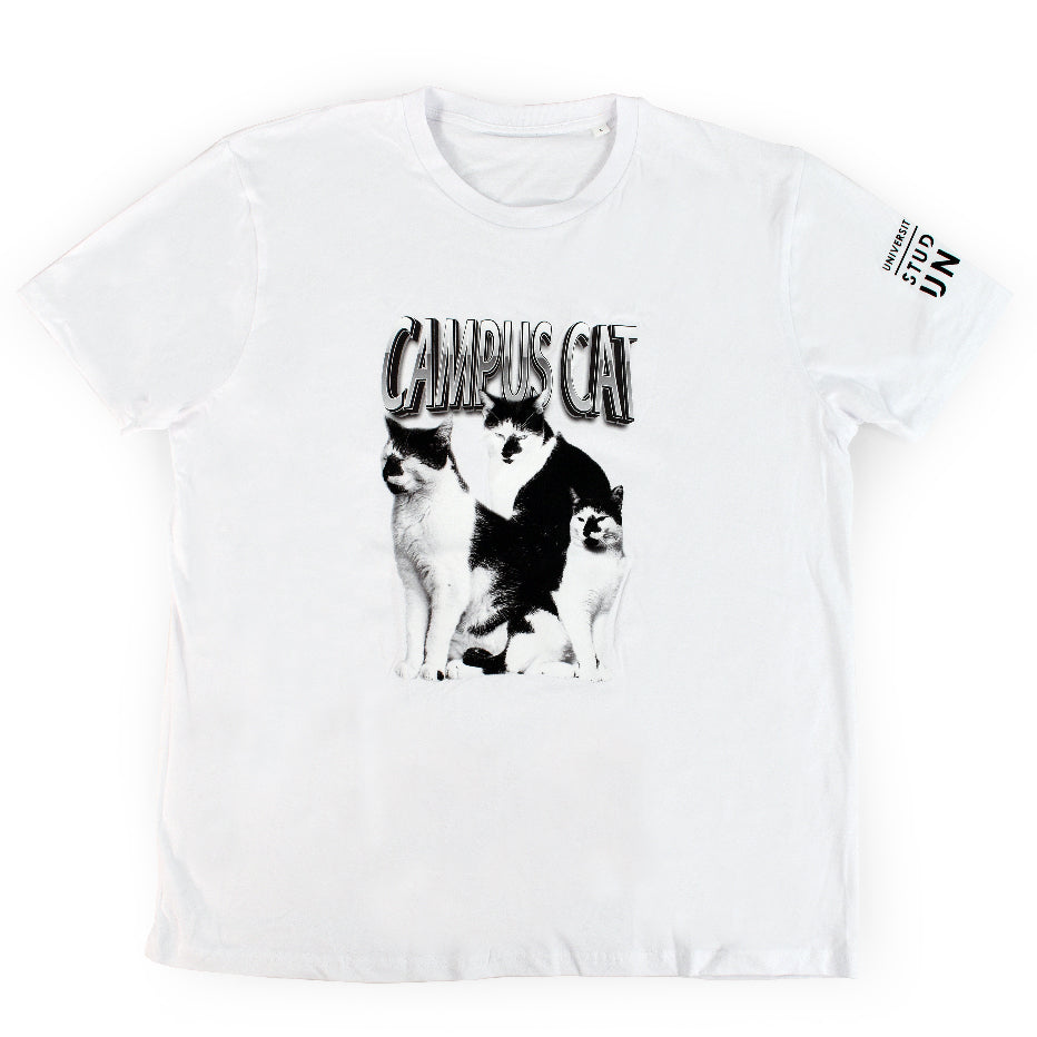 A white t-shirt with the words " Campus Cat" on the front and three pictures of a black and white cat printed on it