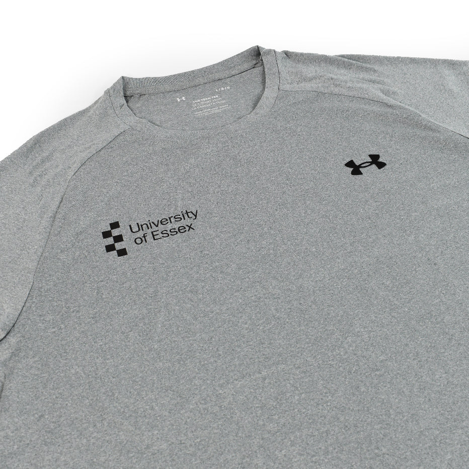 Light Grey Under Armour T-shirt with their logo and "University of Essex" logo printed on the chest, close-up on design