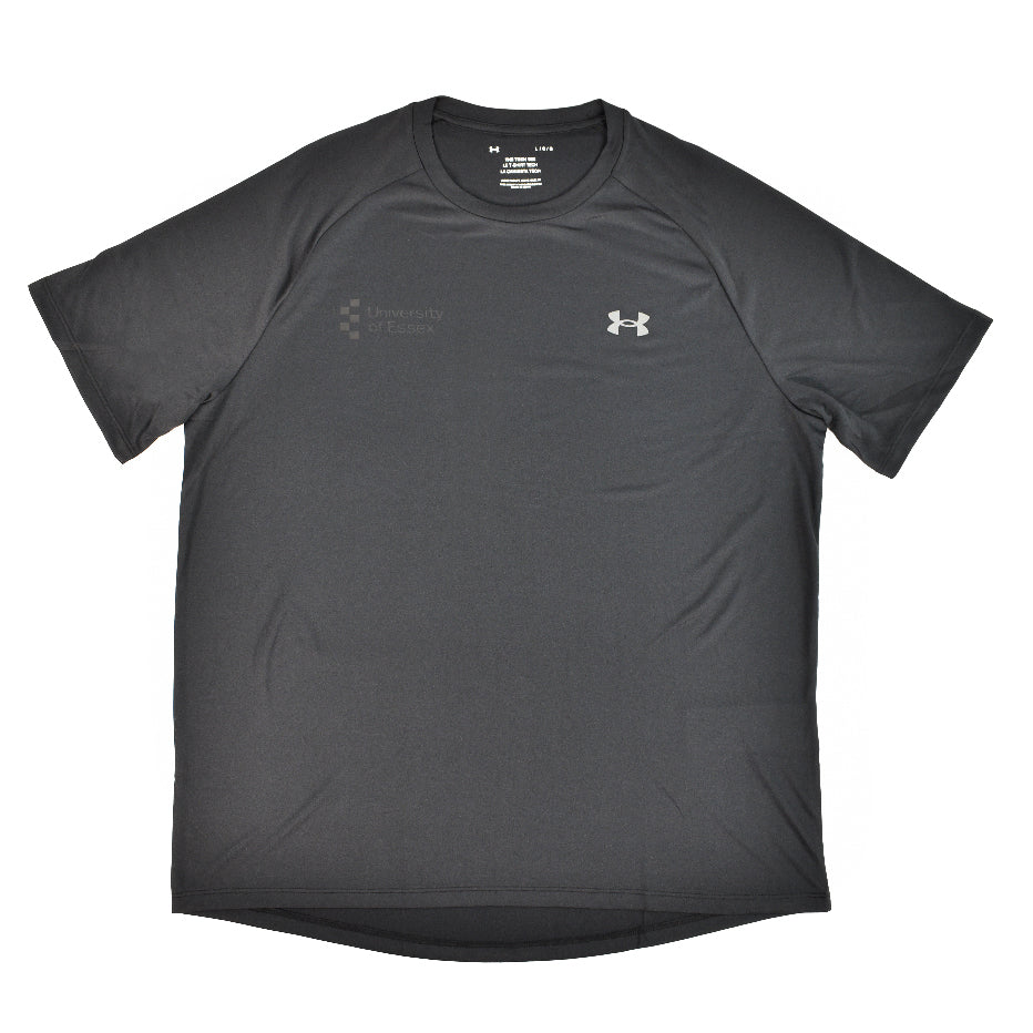 Black Under Armour T-shirt with their logo in white and "University of Essex" logo printed on the chest