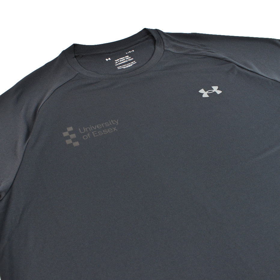 Under Armour T-shirt with their logo in white and "University of Essex" logo printed on the chest, close-up on design