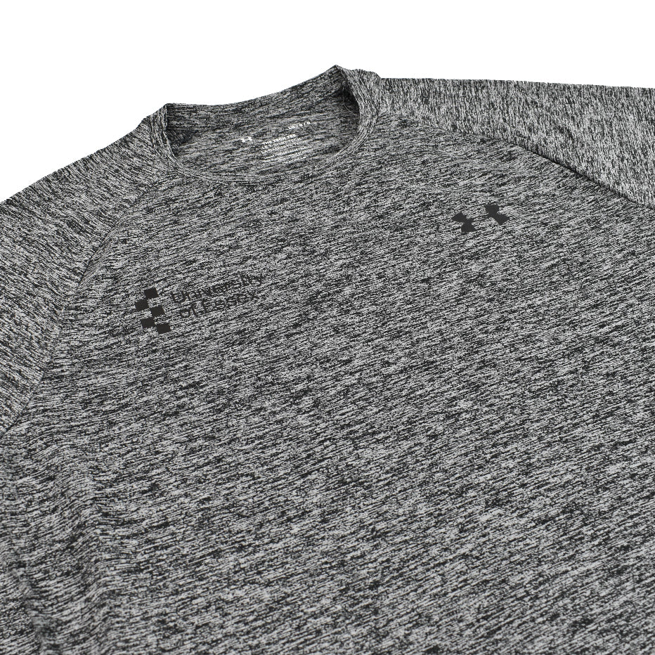 Dark Grey Under Armour T-shirt with their logo and "University of Essex" logo printed on the chest, close-up on design