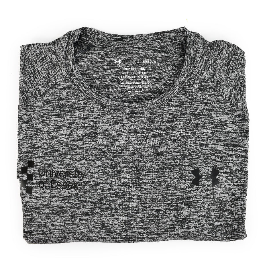 Dark Grey Under Armour T-shirt folded with their logo and "University of Essex" logo printed on the chest