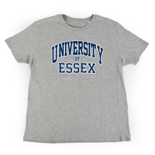 Heather Grey Organic T-Shirt with "University of Essex" printed on the front in varsity style font