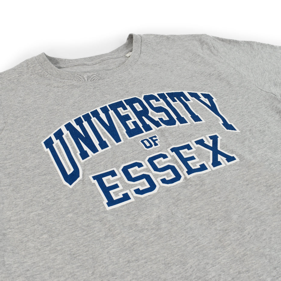 Heather Grey Organic T-Shirt with "University of Essex" printed on the front in varsity style font, close-up on design 