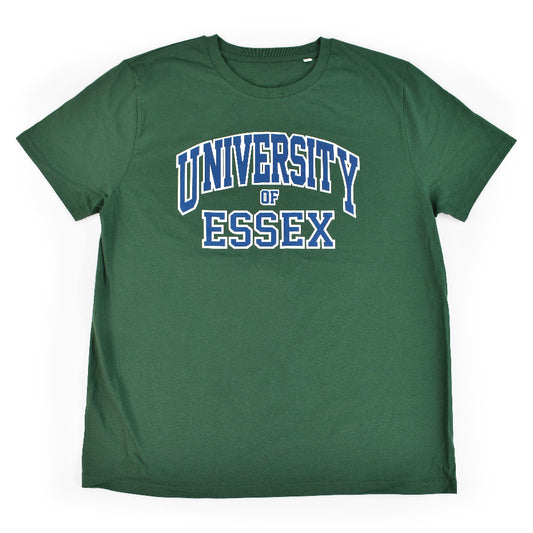 Bottle Green Organic T-Shirt with "University of Essex" printed on the front in varsity style font