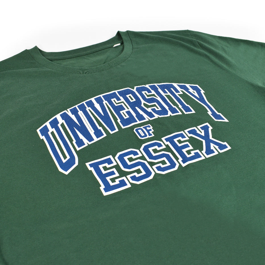 Bottle Green Organic T-Shirt with "University of Essex" printed on the front in varsity style font, close-up on design