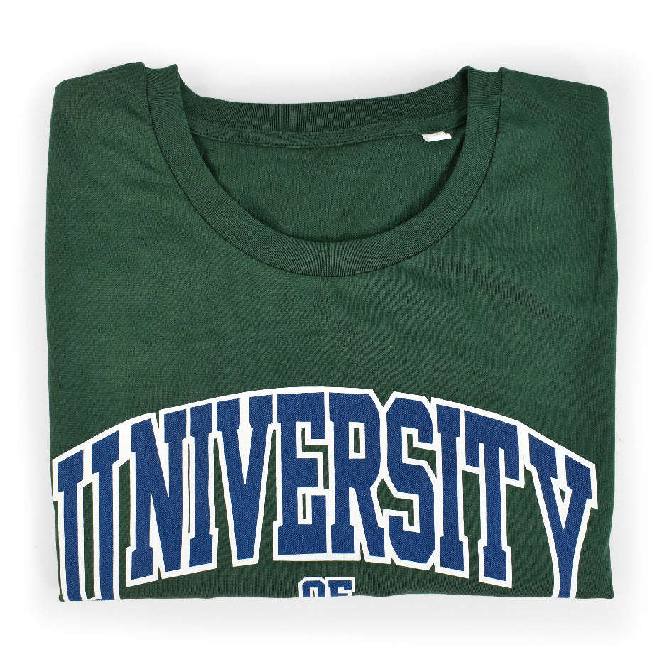 Bottle Green Organic T-Shirt folded up to show "University" printed on the front in varsity style font