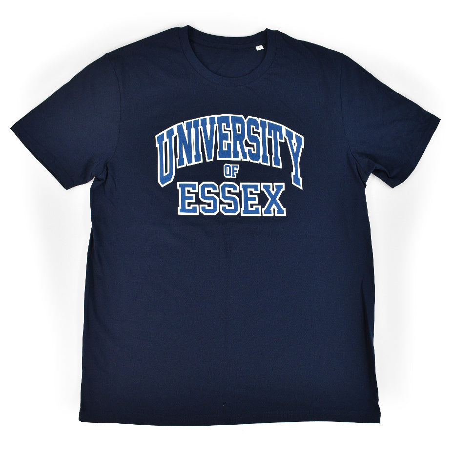 French Navy Blue Organic T-Shirt with "University of Essex" printed on the front in varsity style font