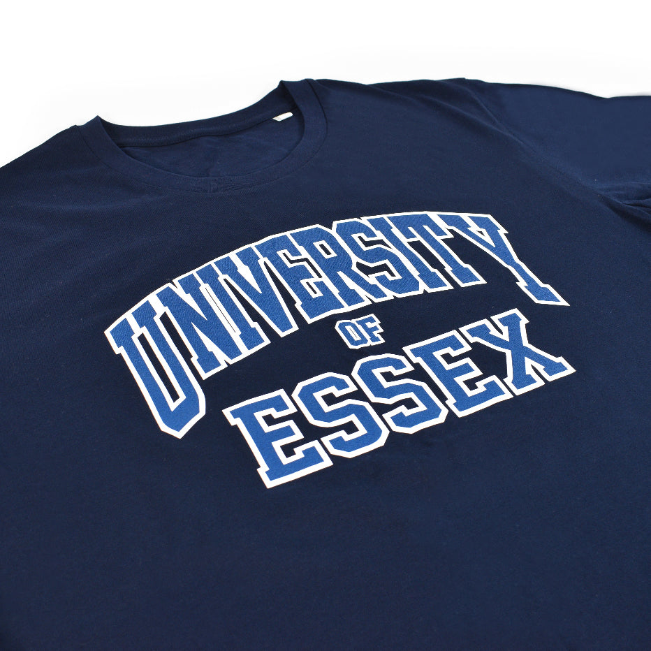 French Navy Blue Organic T-Shirt with "University of Essex" printed on the front in varsity style font, close-up on design 