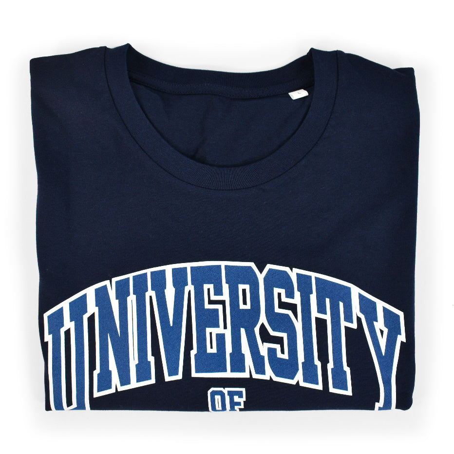 French Navy Blue Organic T-Shirt folded up to show "University" printed on the front in varsity style font 