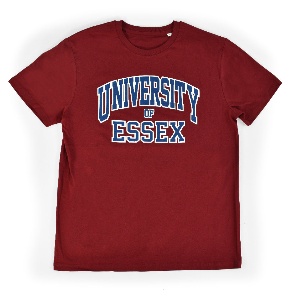 Burgundy Organic T-Shirt with "University of Essex" printed on the front in varsity style font